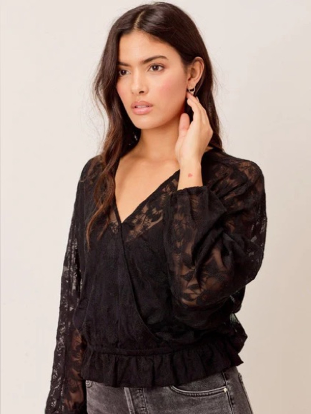 Love Stitch‎ Top Womens Black Lace Surplice Wrap Whimsigoth Boho Sheer V Neck